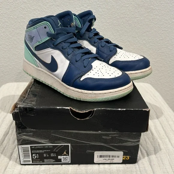 Gently used 5.5 youth Air Jordan 1 MID (GS) mystic navy/mint foam-white. - Picture 1 of 4